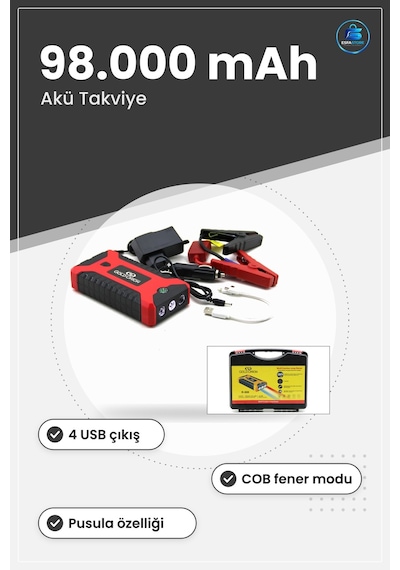 Araç Akü Takviye Powerbank Şarj Cihazı 4 Usb Fener Cob Pusula 98.