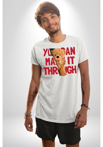 Bunu Alabilirsin Çantadan Çıkan Ayı Unisex Unisex Beyaz Organik Baskılı T-shirt Penye Yüksek Kalite Beyaz