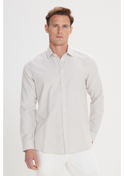 AC&Co / Altınyıldız Classics Erkek Beyaz Bej Kolay Ütülenebilir Slim Fit Dar Kesim Düğme Yaka Gofre Desenli Gömlek Beyaz Bej