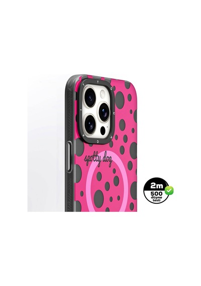 Apple Uyumlu  iPhone 15 Pro Max Kılıf Magsafe Özellikli Polka Dot Desenli Youngkit Spots Serisi Kapak Pembe