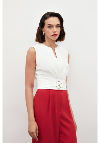 Sateen Toka Detaylı Kolsuz Bluz - Ekru-134859