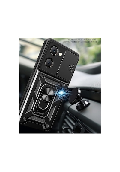 Vivo Y18e Uyumlu Tank Kılıf - Yüzüklü Standlı Extra Darbe Koruma Zırhlı Outdoor Kapak - Siyah