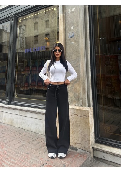 Out Of Standart Kadın Wide-leg Kalıp Beli Lastikli Kordon Detaylı Eşofman Altı Siyah