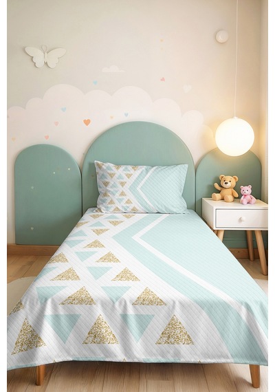 Geometrik Mint Genç Odası Tek Kişilik Pike Takımı-üçgen Beyaz Gold 160x220 Cm Kapitone Yatak Örtüsü Hafif Sis Ufku