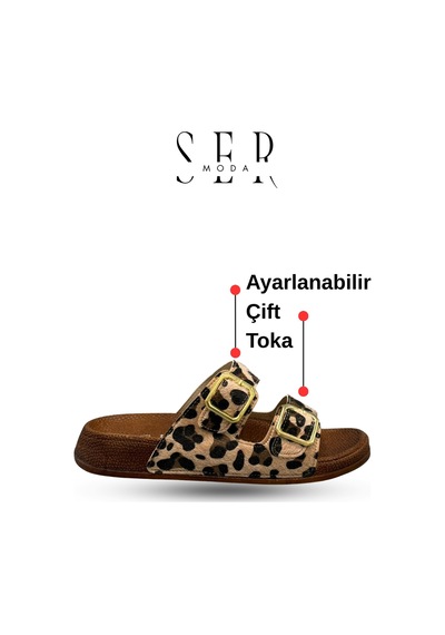 Sermoda Çift Toka Kadın Terlik - Rahat Ve Esnek Tabanlı Ayarlanabilir Bantlı Kadın Terlik Leopar Sarı