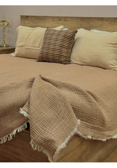 Bej 7 Katlı Çift Taraflı Dolgulu Çift Kişilik Müslin Battaniye %100 Pamuk 230x240 Cm Bej