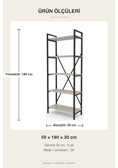 Upstyle Solin Kitaplık Gri 50 180 30 Cm