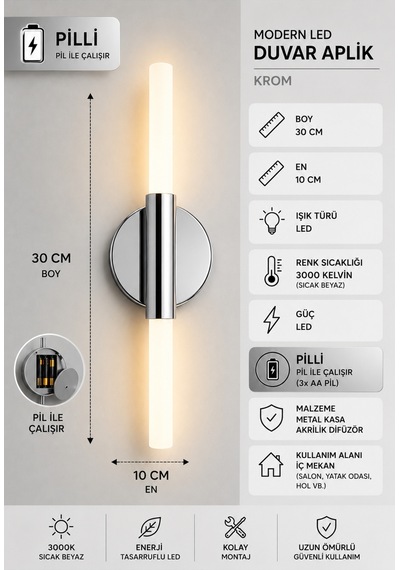 Pilli Led Duvar Aplik 30 Cm Krom Kablosuz 3000k Sıcak Beyaz Dekoratif Aplik İç Mekan Gümüş Gümüş