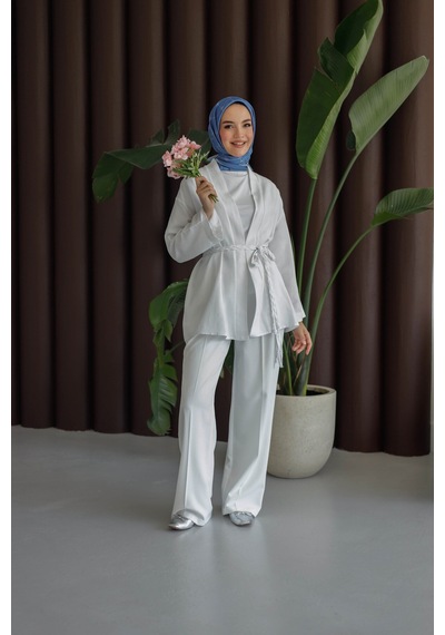 Moonsc Keten Kimono Kemerli Beyaz