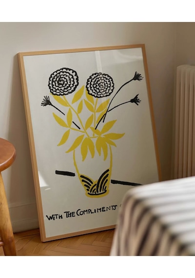 Çerçevesiz Poster El Çizimi Vazo Ve Çiçek Motifli Grafik