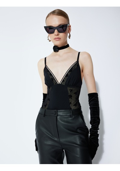 Koton Askılı Tül Detaylı Bodysuit Siyah 5wlk00013mk