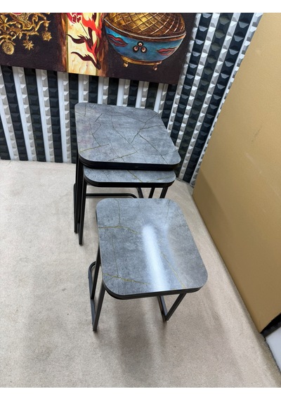 3 Lü Zigon Sehpa Seti Metal Ayaklı Ahşap Desen Tabla Modern Tasarım Gri
