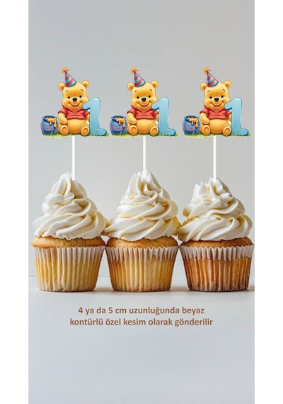 Yı Winnnie The Pooh 1 Yaş Temalı Konsept Kürdanlı Cupcake Süsü Doğum Günü Süsü 20'li Kalın Çok Renkli