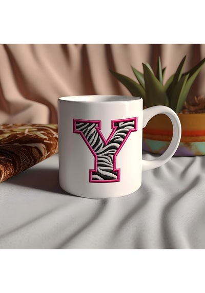 Y Harfi Zebra Deseni Ve Pembe Kenarlı Kupa Bardak - Kişiye Özel Nakış Efektli - Siyah Beyaz Pembe Beyaz