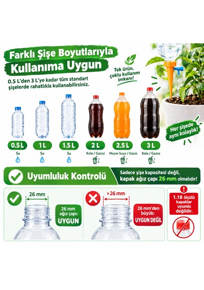 Damla Sulama Aparatı 10 Adet Ayarlı Pet Şişe Uyumlu Bitki Sulama Başlığı