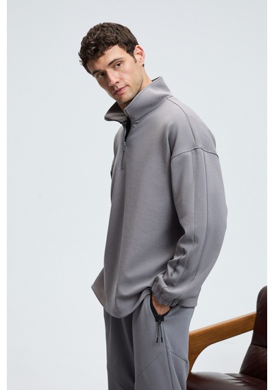 Grimelange EDISON Erkek Yarım Fermuarlı Kolu Baskılı Dik Yaka Koyu Gri Sweatshirt