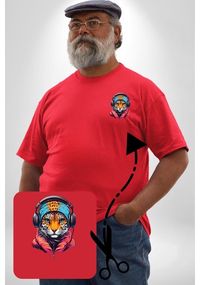 Angemiel Kulaklık Kedi Leopar Bandana Kırmızı Büyük Beden Kadın Basic Minimal Baskılı Tişört Kırmızı