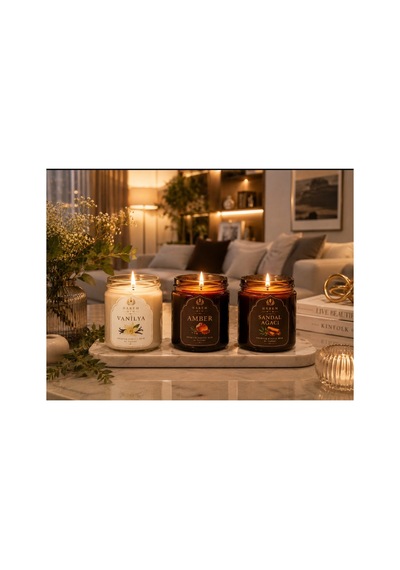 Premium Kokulu Mum 3'lü Set Vanilya Amber Sandal Ağacı El Yapımı Dekoratif Mum 3x150 G Beyaz