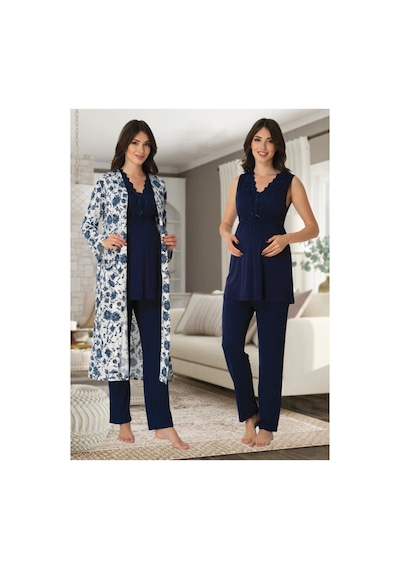 Ct Moda Kadın Lacivert Geniş Askılı Desenli Hamile Lohusa Sabahlık Pijama Takımı Gecelik 4'lü Set Lacivert Ct Moda Kadın Lacivert Geniş Askılı Desenli Hamile Lohusa Sabahlık Pijama Takımı Gecelik 4'lü Set Lacivert