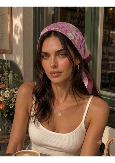 Trend Dokunuş Kadın 50-50 Saten Çiçek Bahçesi Fular Bandana Bordo - Pembe
