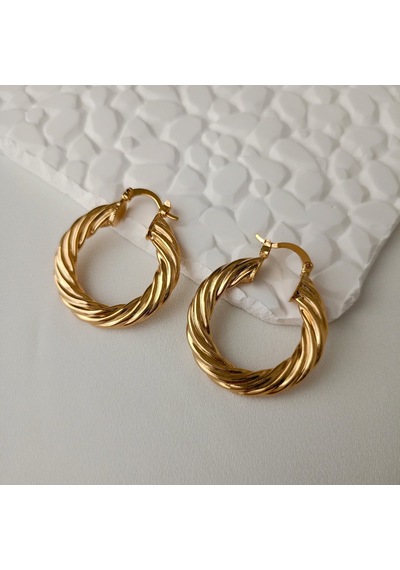 Lente Aksesuar Gold Çelik Işıltılı Çizgili Model Vintage Kadın Halka Küpe Altın