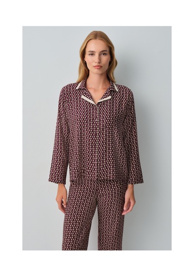 Suwen Arwen Gömlek Yaka Pijama Takımı Wsh10510171662 Bordo Desenli