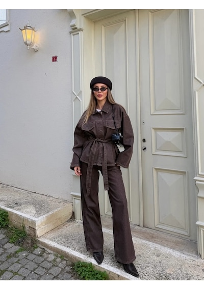 Mürdüm Bağlamalı Denim Ceket Pantolon Takım