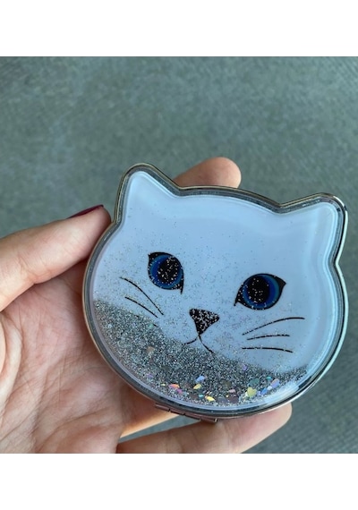 Kedi Tasarımlı Simli Sulu Kozmetik Cep Çanta Aynası Kapaklı El Makyaj Aynası Aparatı