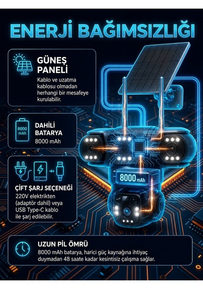 4g Sım Kartlı 4k 3 Lensli Solar Ptz Güvenlik Kamerası V380 Pro 360 Hareket Algılama Renkli Gece Görüşü İki Yönlü Ses Ip66 Dış Mekan Kamera