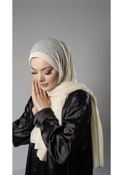 Hürrem Bone Krem Pratik Hazır Geçmeli Tesettür Şal Örme Kumaş Taş Desenli 2118t 40