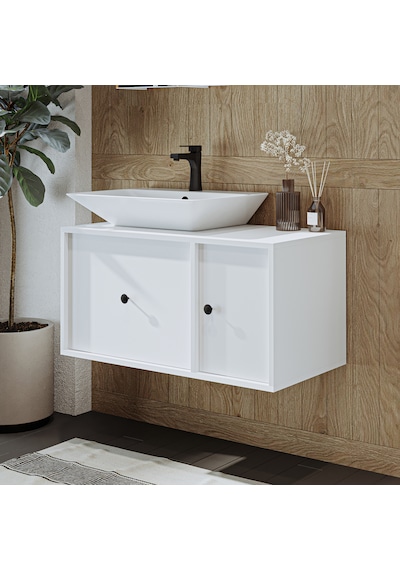 Gusto Ayaksız Lavabolu Mdf 90 Cm Çekmeceli Banyo Dolabı Beyaz Mat Beyaz