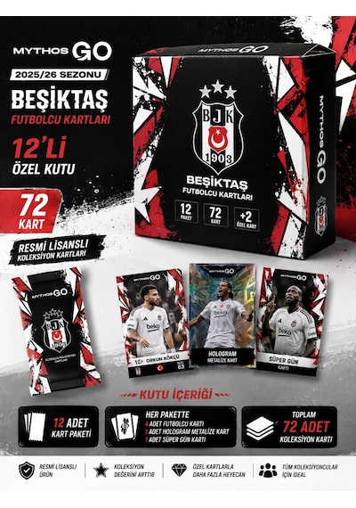 Beşiktaş Mythos Go Futbolcu Kartları 12'li Kutu 2025/2026 72 Kart Resmi Lisanslı