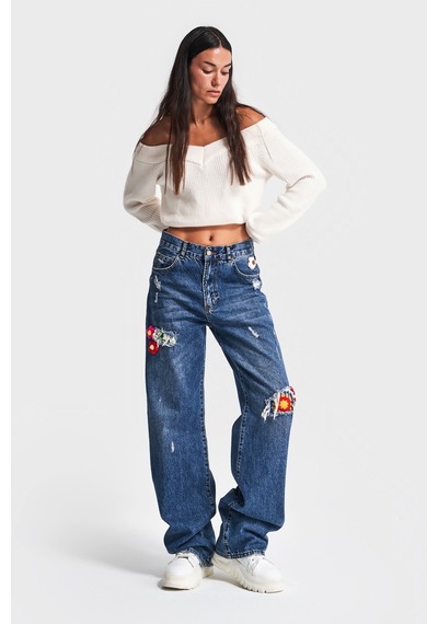 Itsbasic Kadın T.kot Rengi Etnik Gül Desenli Loose Fit Tasarım Denim Jean Motifli Tint