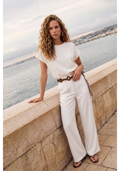 Sateen Kısa Kollu Bluz - Ekru-137676