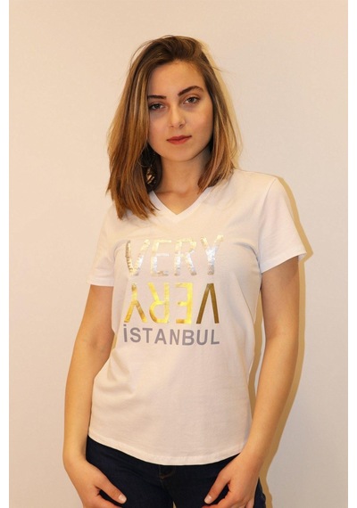 Rich Kadın V Yaka T-shirt %100 Pamuk Tişört Beyaz