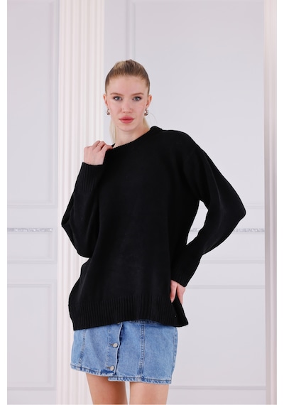Qscob Bisiklet Yaka Oversize Basic Triko Kazak Siyah
