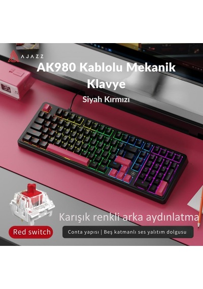 Kablolu Mekanik Oyun Klavyesi - Rainbow Aydınlatma - Hot Swap Ajazz Ak980 Siyah - Red Switch