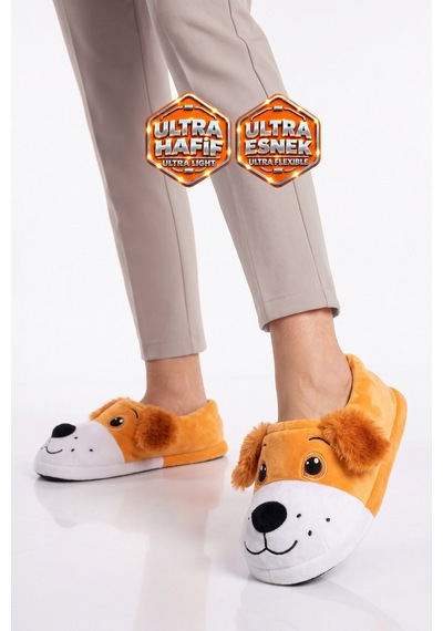 Ayakmod Akınalbella Sıcak Tutan Köpek Desenli Camel Unisex Ev Terliğ Panduf H025.z.0008