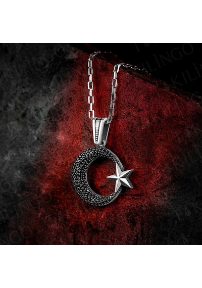 Takılingo 925 Ayar Gümüş Mikro Zirkon Taşlı Ayyıldız Motifli Erkek Kolye Gümüş