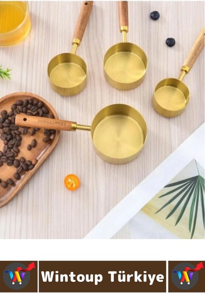 Pratik Mutfak Yemek Hazırlık Bakliyat Sıvı Ölçüm Estetik Gold Renk 4lü Ahşap Saplı Metal Ölçü Kaşığı Çok Renkli