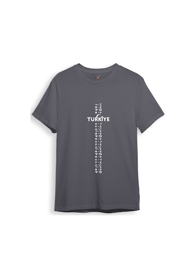 Bozkurt Göktürk Alfabesi Türkiye Sembolleri Yazısı Ve Ay Yıldız Ve Hilal Baskılı Regular Fit T-shirt Antrasit
