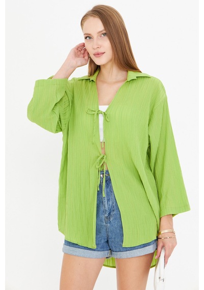 Armonika Kadın Fıstık Yeşili Gömlek Yakalı Önden Bağcıklı Kimono Gömlek Arm-25k001006