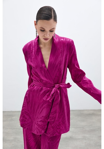 Sateen Kuşaklı Desenli Uzun Ceket - Fuşya-135679 Fuşya