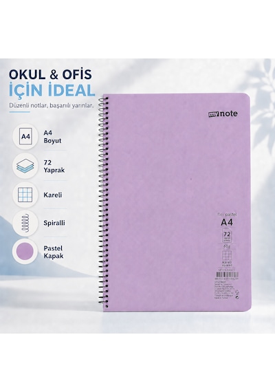 Mynote Flex Pastel A4 72 Yaprak 60 Gr Spiralli Kareli Defter Mor