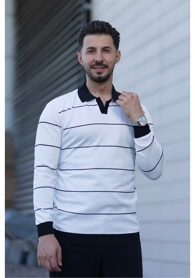 Hk Premium Çizgili Polo Yaka Slim Fit Triko Kazak Beyaz
