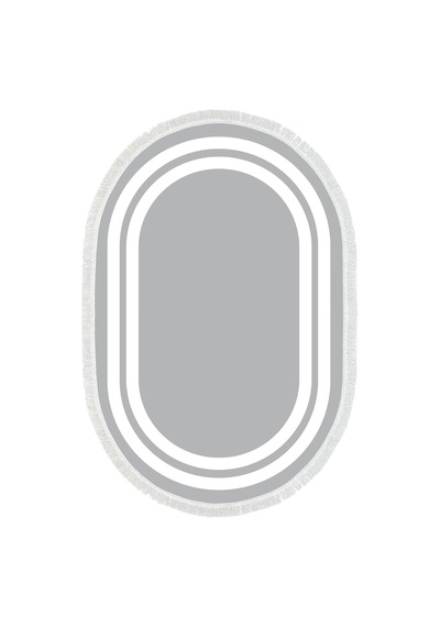 Dijital Baskılı Oval Salon Halısı Kaymaz Yıkanabilir Keçe Taban Saçaklı Geometrik 1696 Gri Beyaz