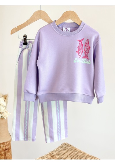 Magu Kız Çocuk Pamuklu Balık Baskılı Lila Sweatshirt Ve Çizgili Pantolon Takımı Çok Renkli