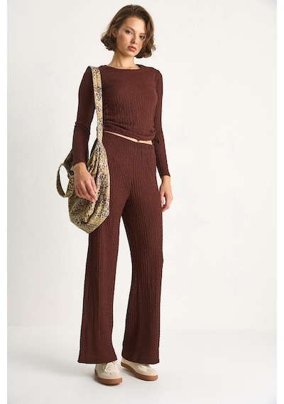 Shade Kadın Yanları Bağlamalı Crop Beli Lastikli Yüksek Bel Pantolonlu Bürümcük Takım 8075 60284110 - Kahve
