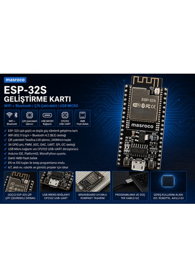 Esp-32s Wifi - Bluetooth Geliştirme Kartı -cp2102 Sma U.fl Ipex Dönüştürücü Ve Usb Kablo Dahil