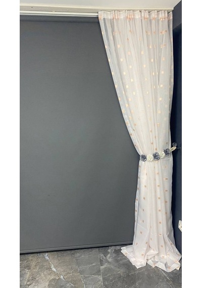 Tergal Turuncu Kareli Beyaz Renk Tek Kanat Hazır Dikilmiş Pileli Fon Perde 300 260 Cm Beyaz